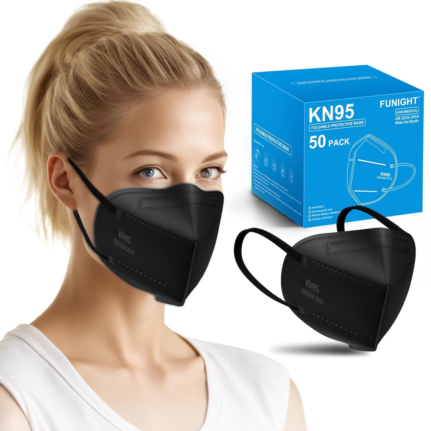 Funight KN95 Adult Masks 50 Pack 5 Layers Black Disposable Dust Masks with Filtering Efficiency≥95%